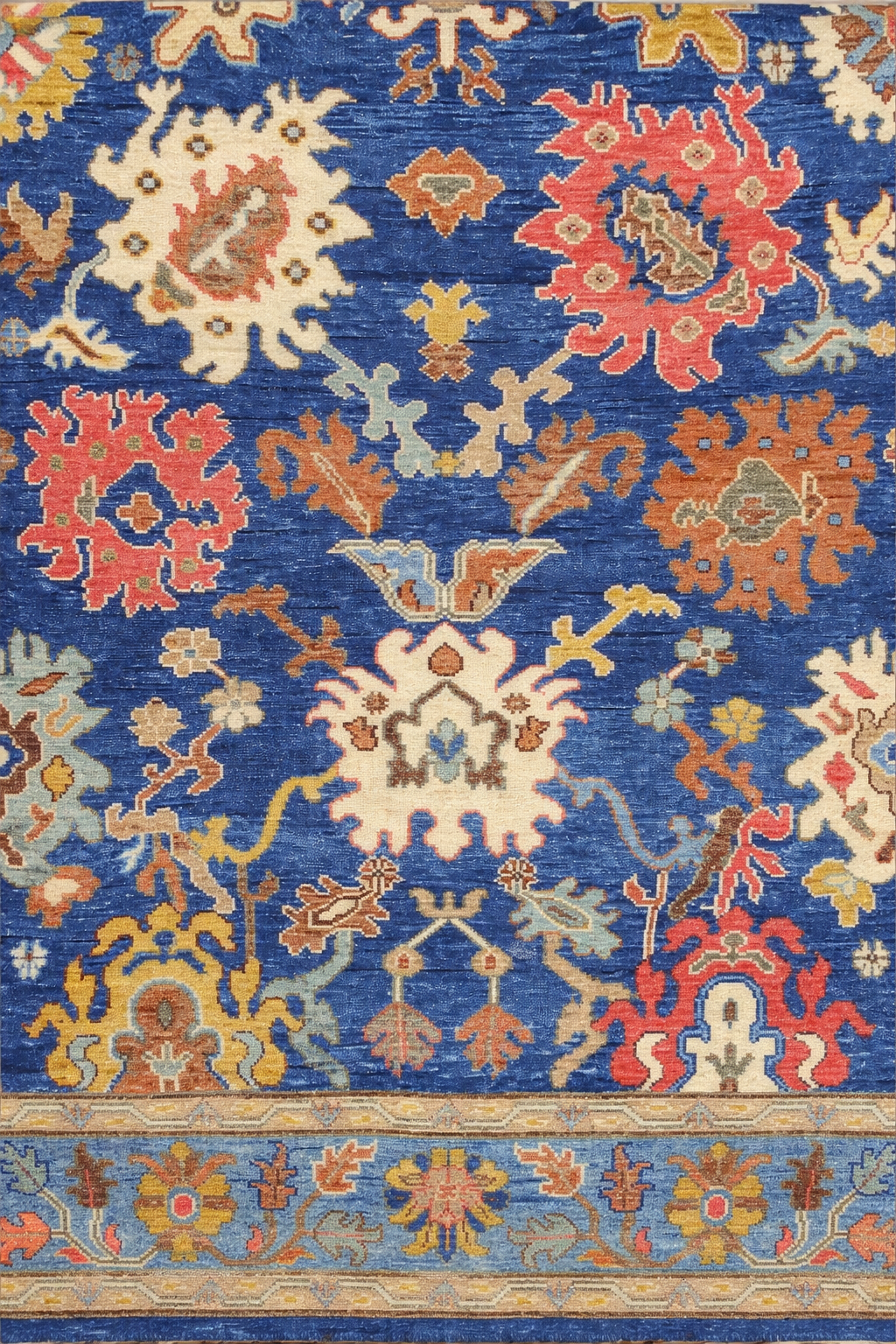 Blue Oushak Rug Hand Knotted Wool | Vintage Turkish Style Floral Rug 8x10 | Luxury Living Room Area Rug Custom Size