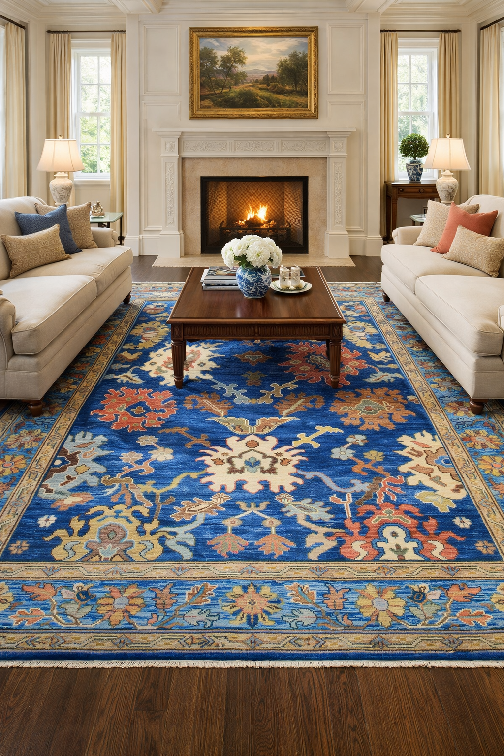 Blue Oushak Rug Hand Knotted Wool | Vintage Turkish Style Floral Rug 8x10 | Luxury Living Room Area Rug Custom Size