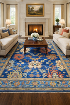 Blue Oushak Rug Hand Knotted Wool | Vintage Turkish Style Floral Rug 8x10 | Luxury Living Room Area Rug Custom Size