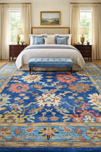 Blue Oushak Rug Hand Knotted Wool | Vintage Turkish Style Floral Rug 8x10 | Luxury Living Room Area Rug Custom Size