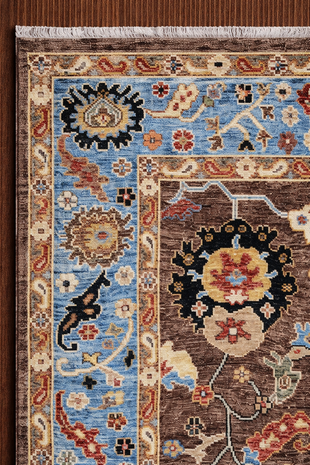 Hand Knotted Oushak Wool Rug 8x10 Brown Blue Floral Medallion Turkish Carpet