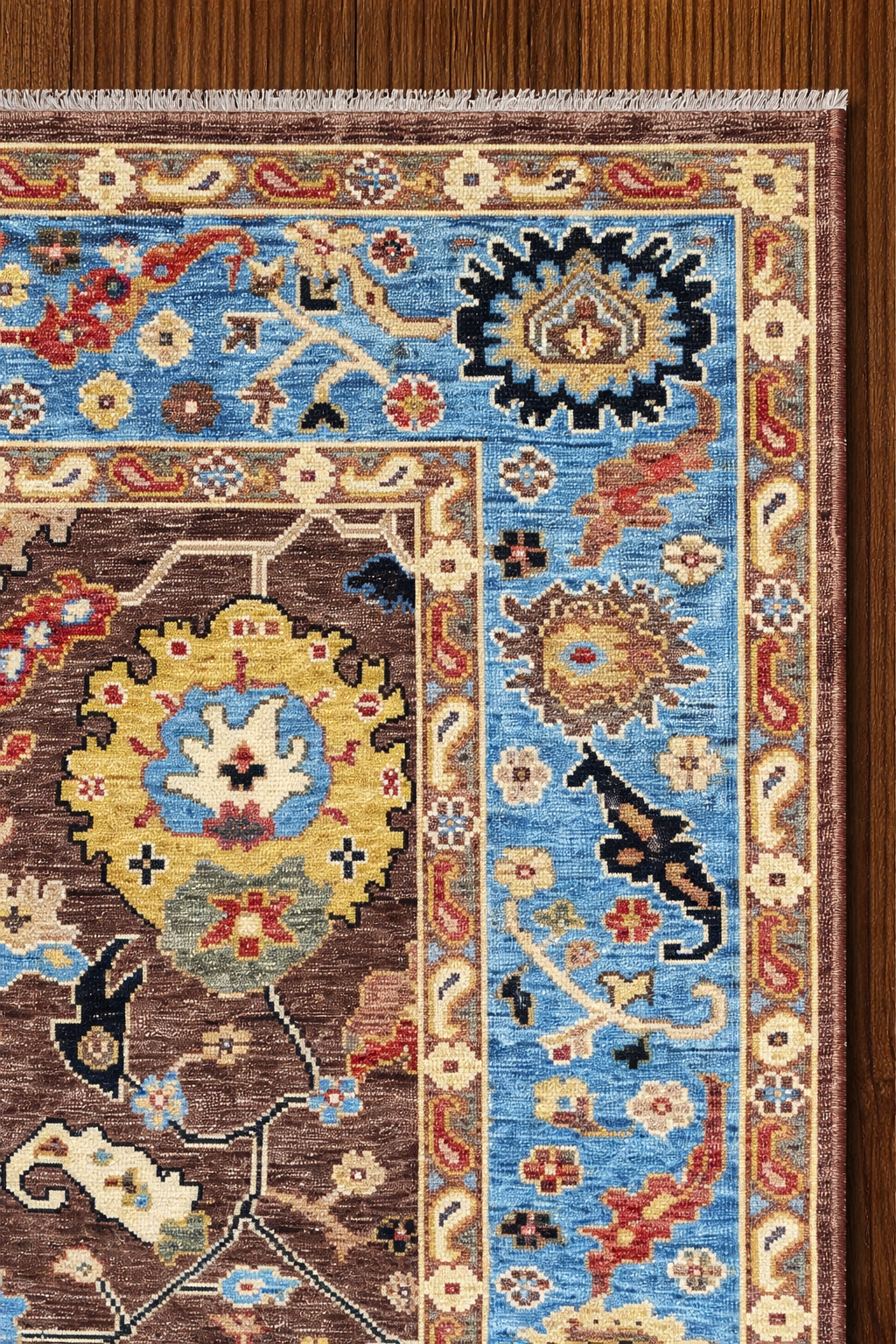 Hand Knotted Oushak Wool Rug 8x10 Brown Blue Floral Medallion Turkish Carpet