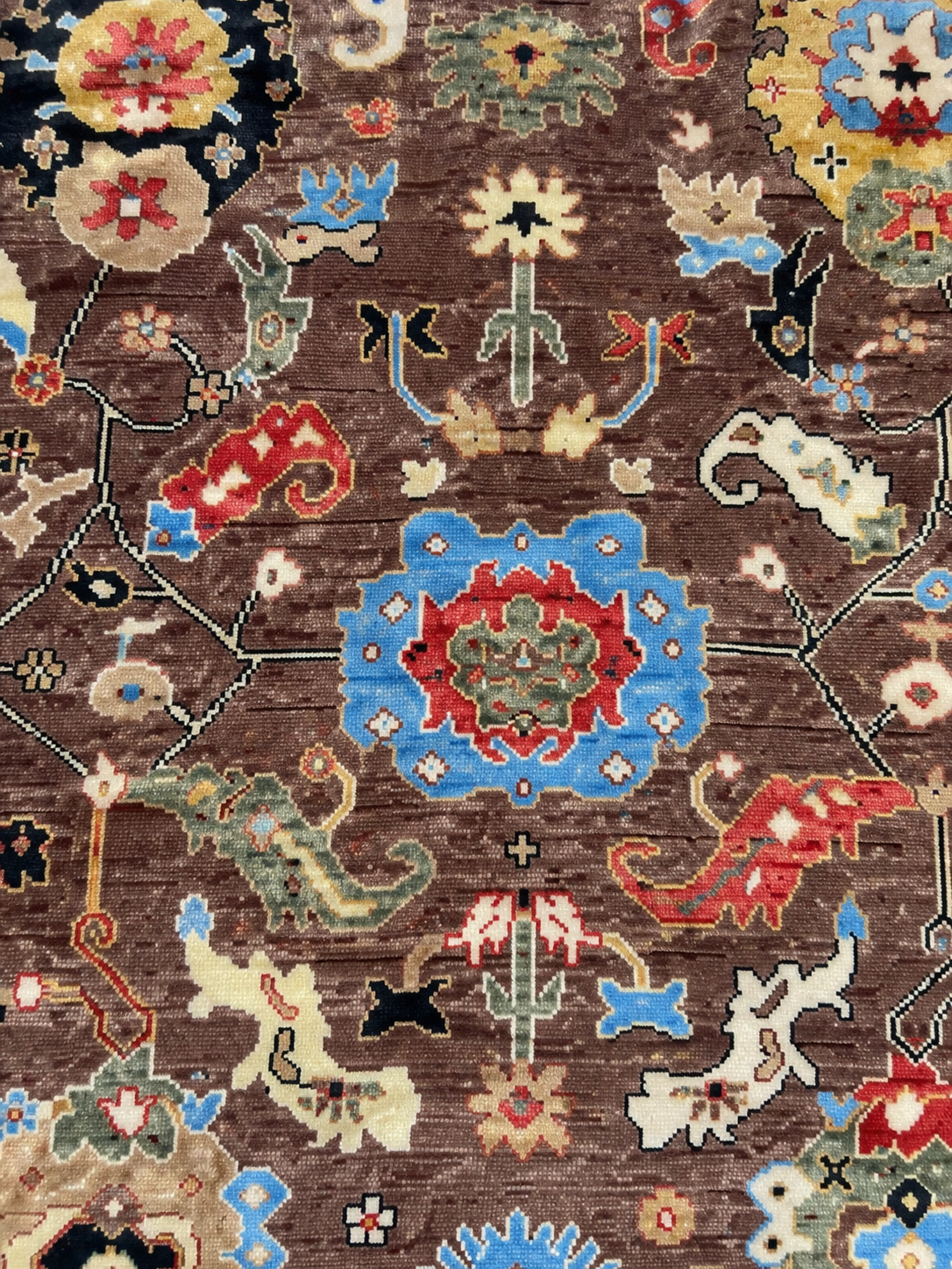 Hand Knotted Oushak Wool Rug 8x10 Brown Blue Floral Medallion Turkish Carpet