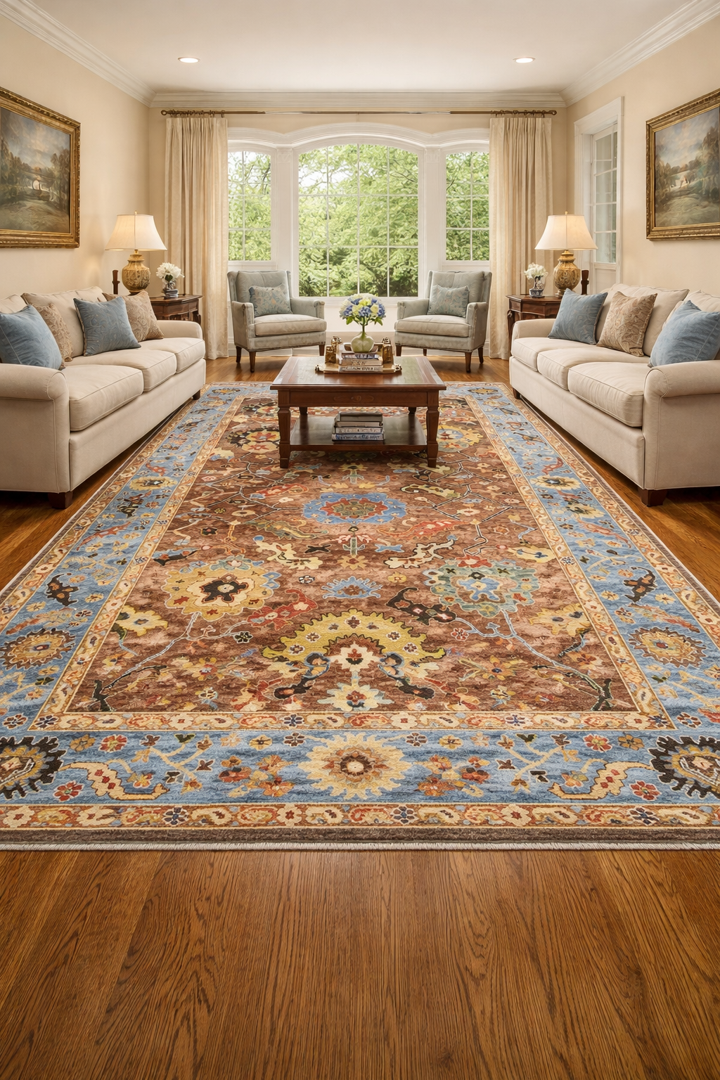 Hand Knotted Oushak Wool Rug 8x10 Brown Blue Floral Medallion Turkish Carpet
