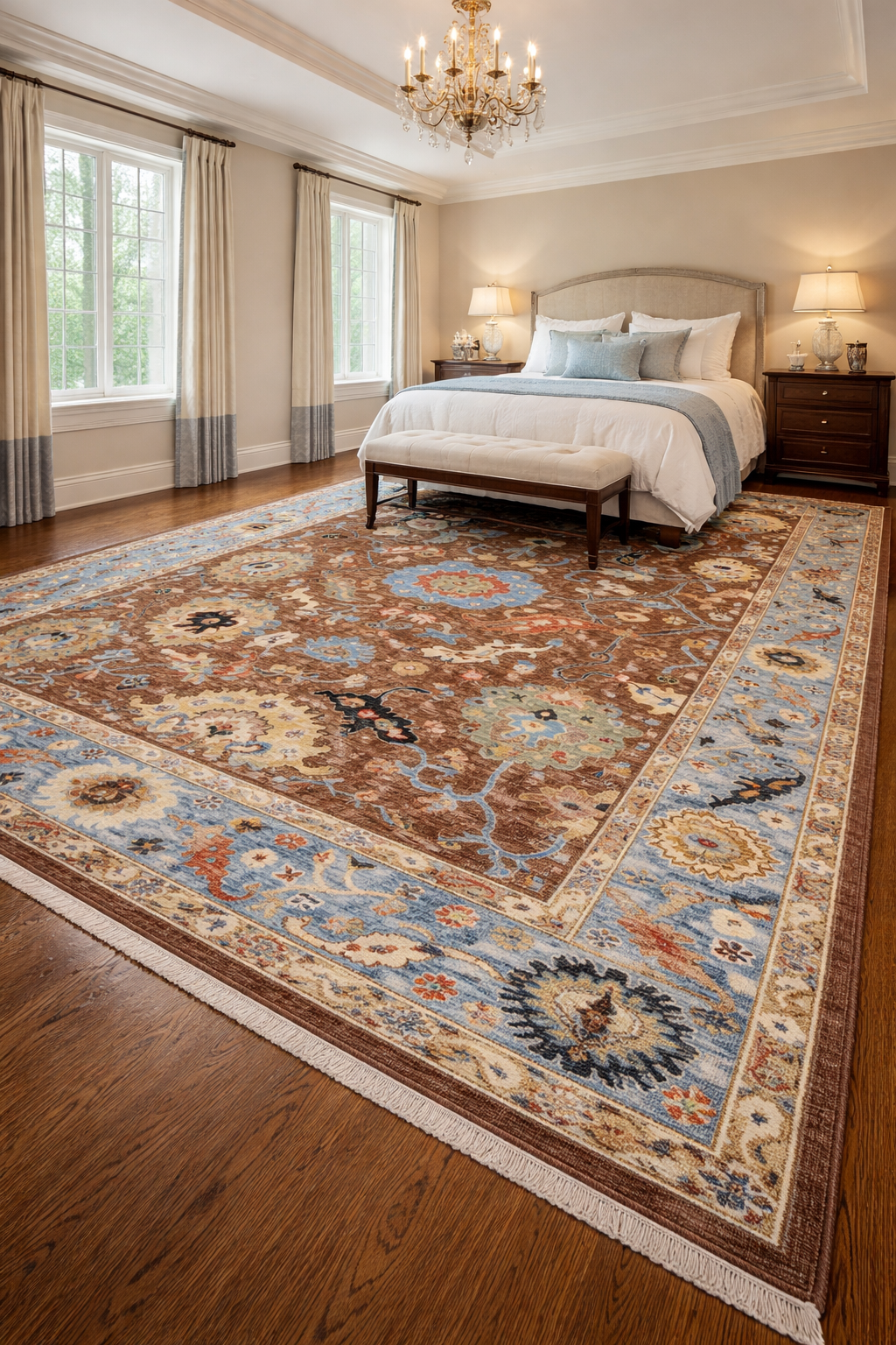 Hand Knotted Oushak Wool Rug 8x10 Brown Blue Floral Medallion Turkish Carpet