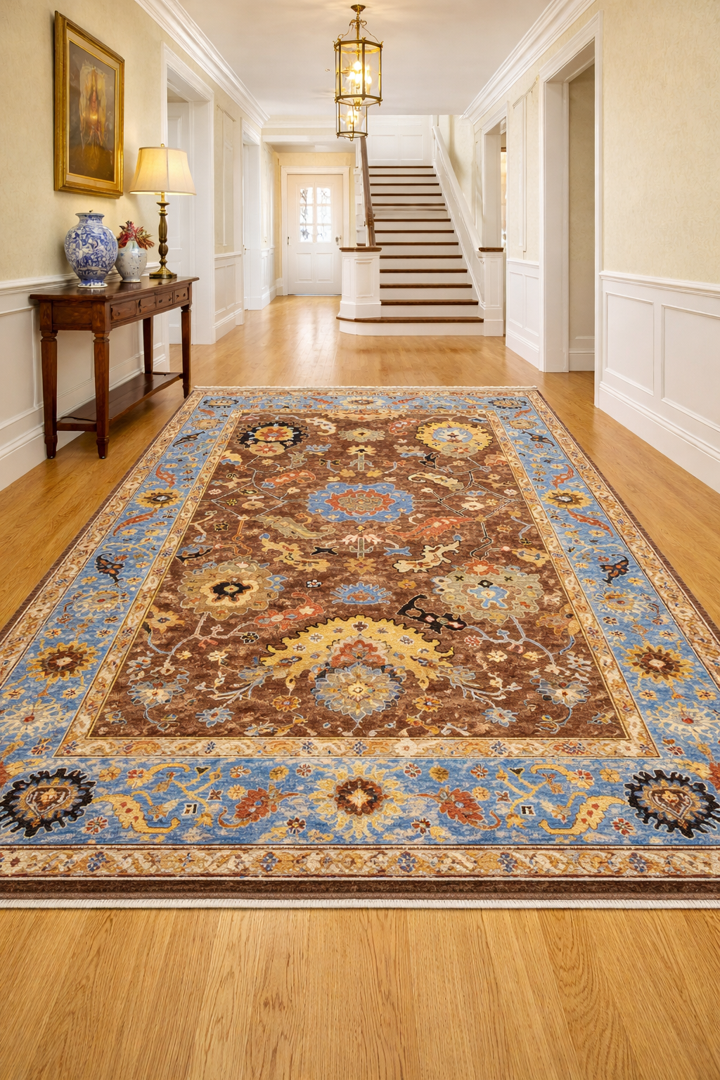 Hand Knotted Oushak Wool Rug 8x10 Brown Blue Floral Medallion Turkish Carpet