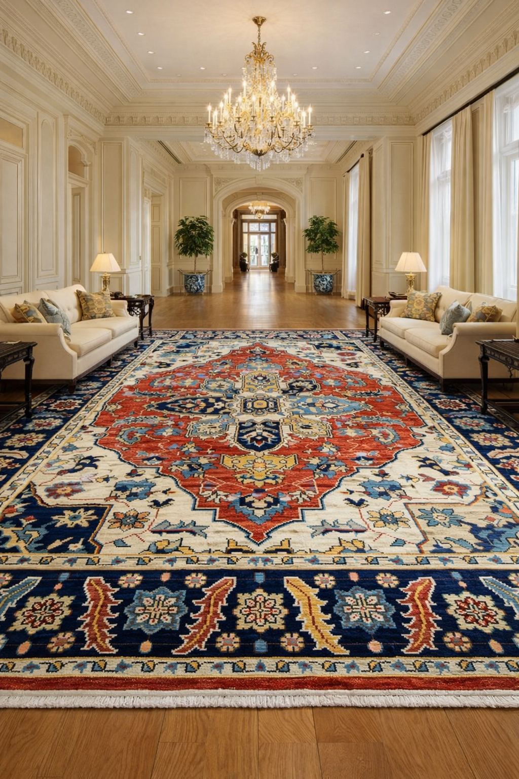 Red Blue Oushak Rug 8x10 Hand Knotted Wool Turkish Rug, Vintage Medallion Area Rug, Oriental Living Room Rug, Custom Size