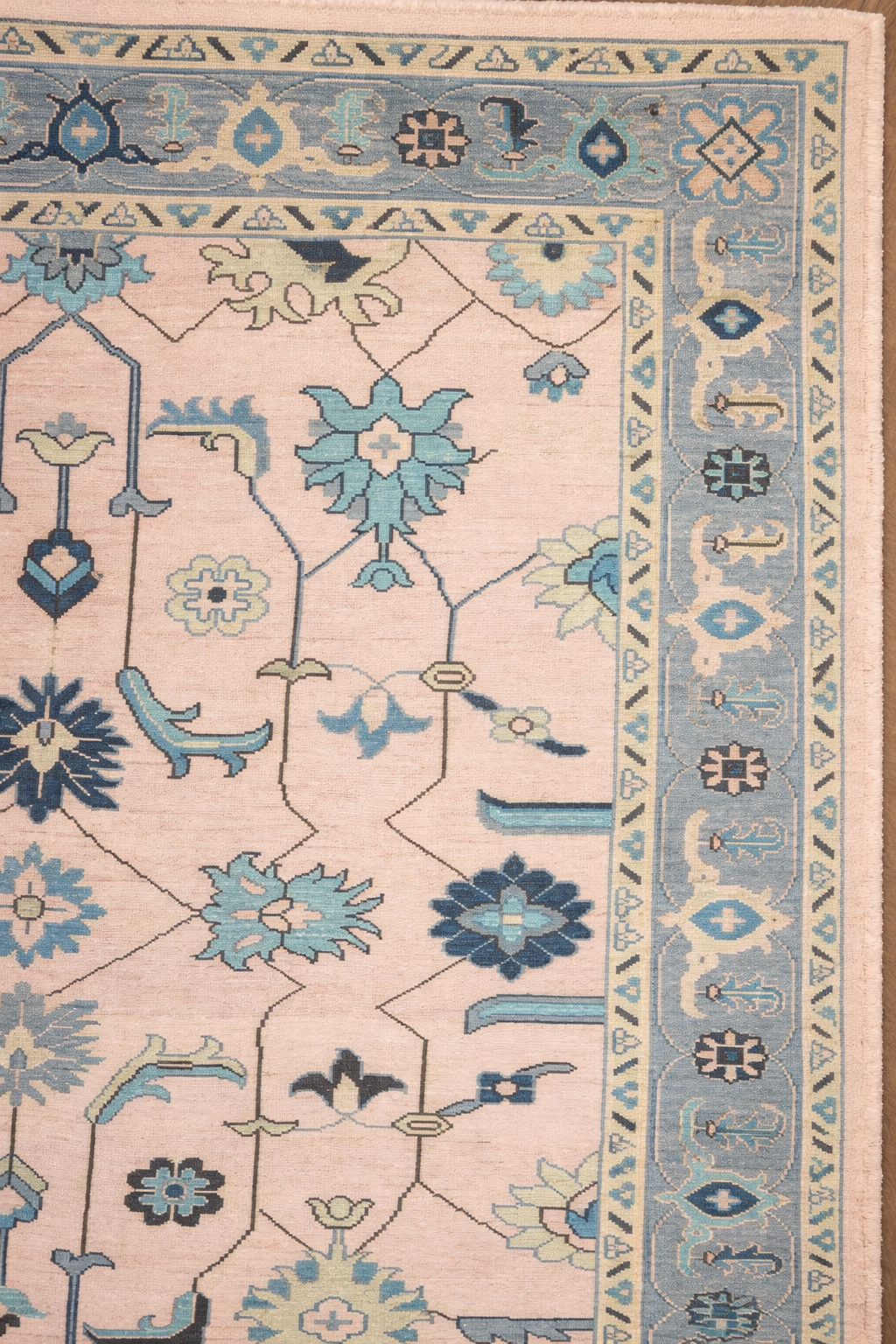 Blush Pink Oushak Rug 8x10 Hand Knotted Wool Turkish Rug, Blue Floral Vintage Area Rug, Soft Neutral Living Room Rug, Custom Size