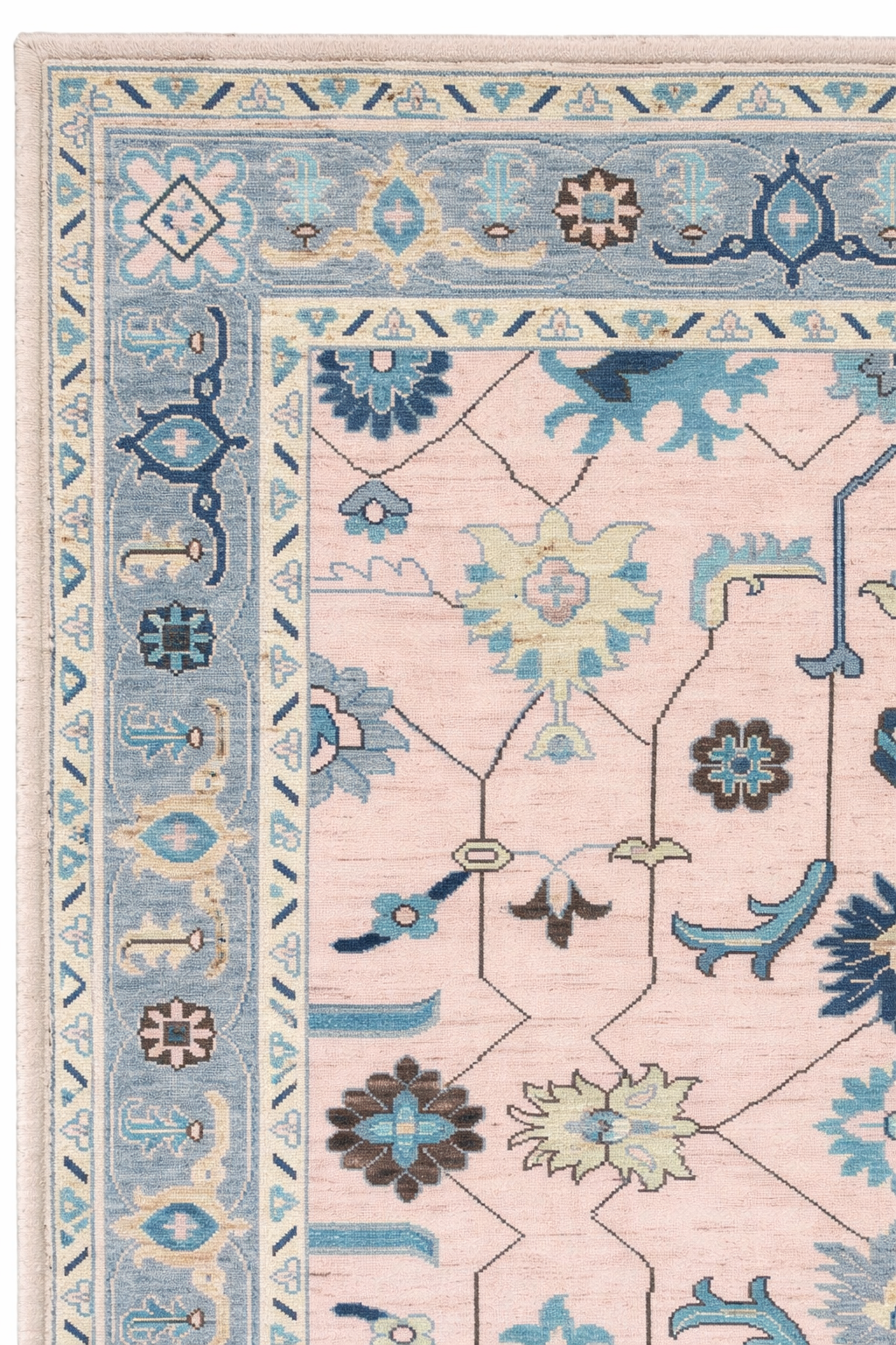 Blush Pink Oushak Rug 8x10 Hand Knotted Wool Turkish Rug, Blue Floral Vintage Area Rug, Soft Neutral Living Room Rug, Custom Size