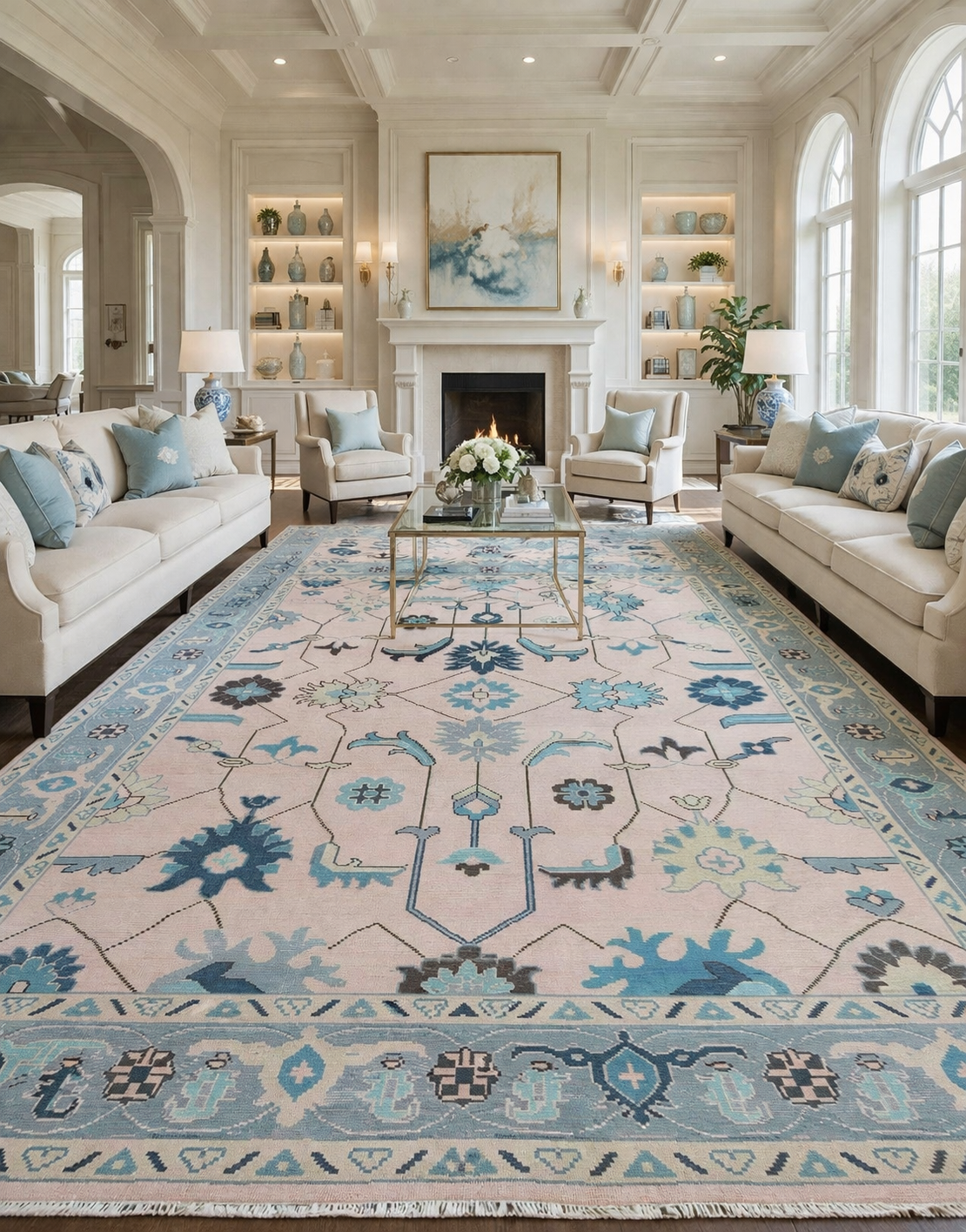 Blush Pink Oushak Rug 8x10 Hand Knotted Wool Turkish Rug, Blue Floral Vintage Area Rug, Soft Neutral Living Room Rug, Custom Size