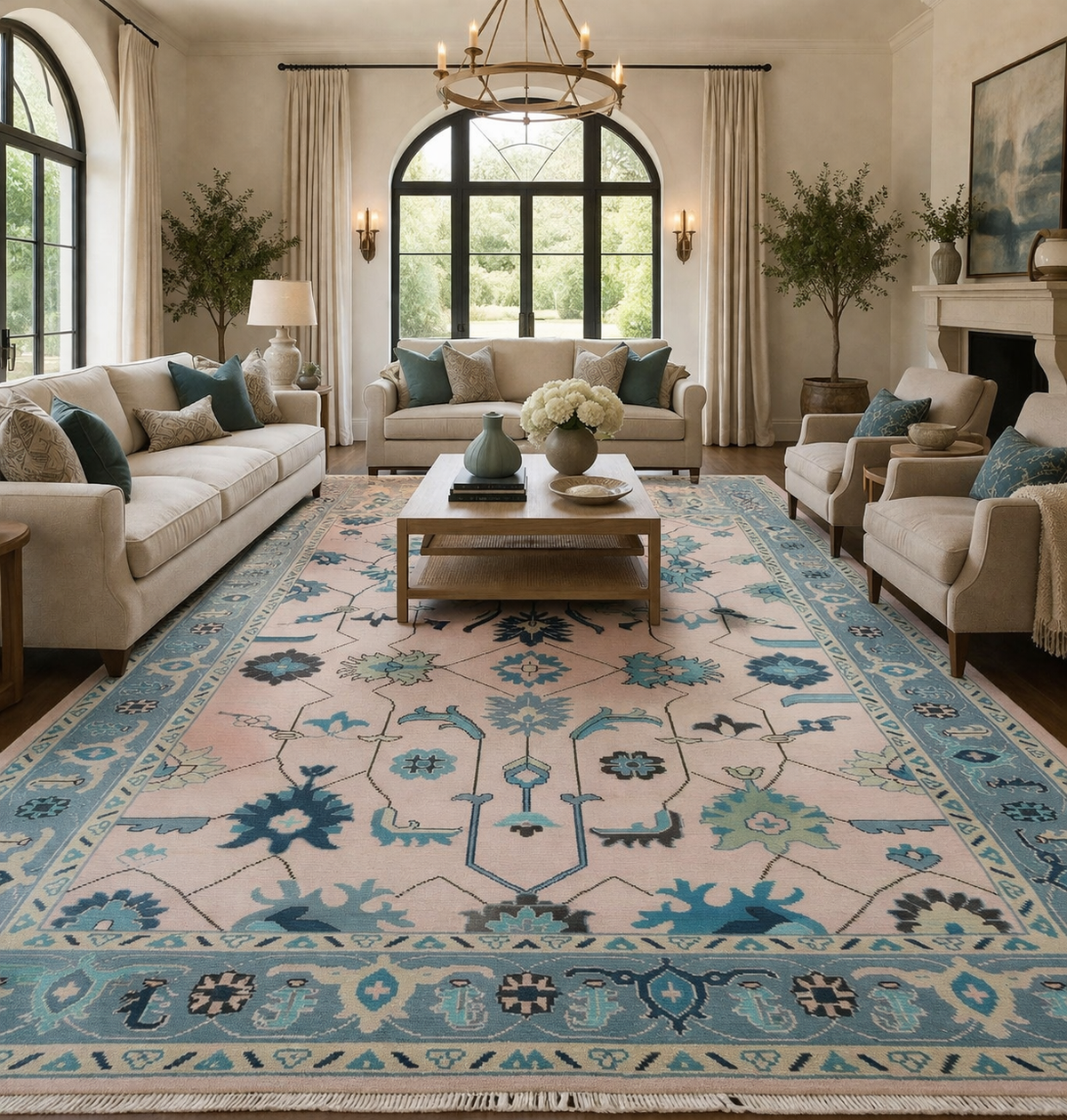 Blush Pink Oushak Rug 8x10 Hand Knotted Wool Turkish Rug, Blue Floral Vintage Area Rug, Soft Neutral Living Room Rug, Custom Size