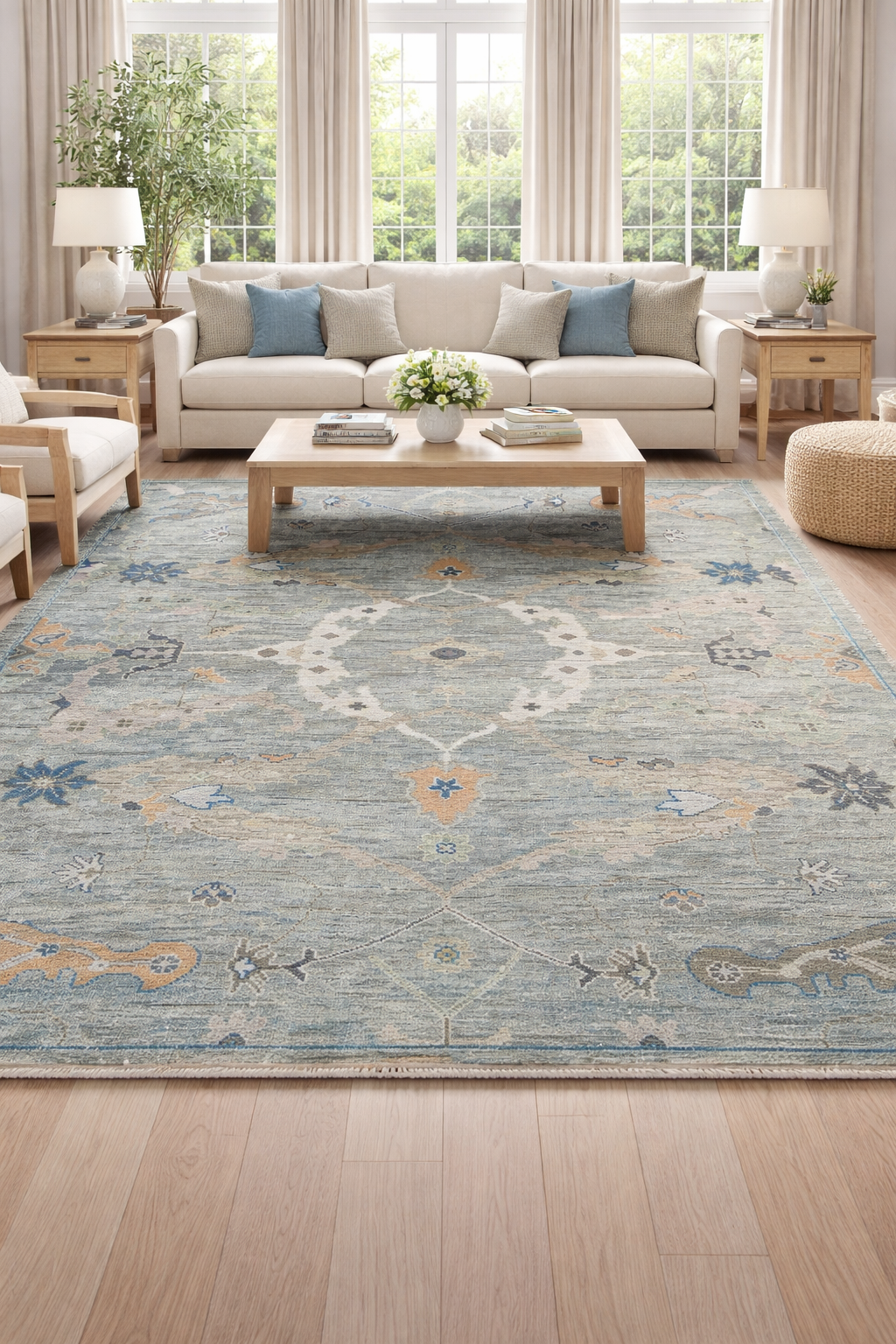 Vintage Oushak Rug 8x10, Hand Knotted Wool Rug, Sage Green Blue Turkish Rug, Antique Style Area Rug, Living Room Carpet