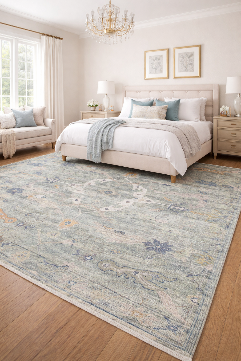 Vintage Oushak Rug 8x10, Hand Knotted Wool Rug, Sage Green Blue Turkish Rug, Antique Style Area Rug, Living Room Carpet