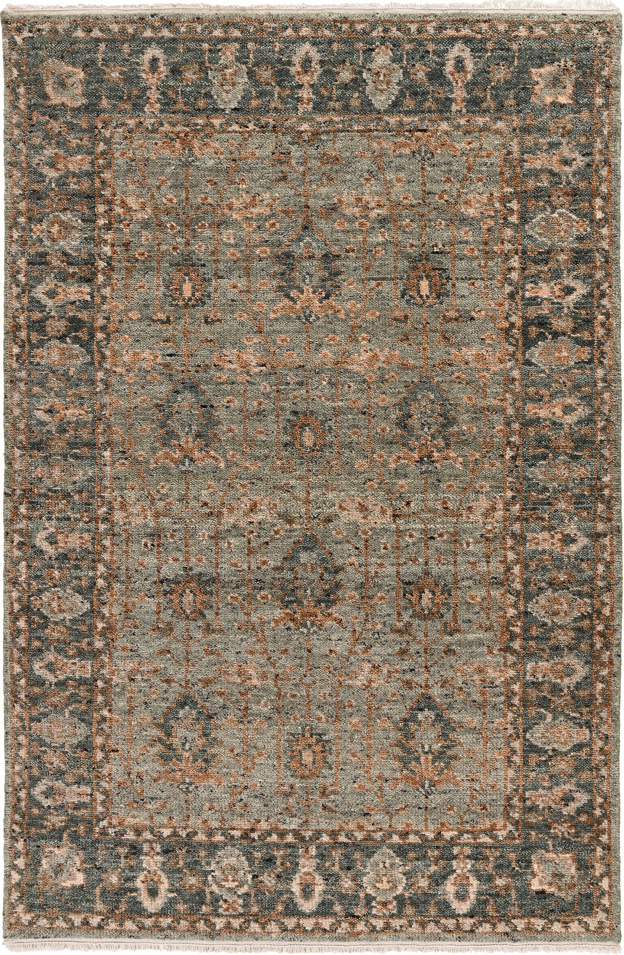 Hand-Knotted Wool Rug - Botanical Motif in Sage Green & Copper | Vintage-Style Artisan Rug by Rug Regalia