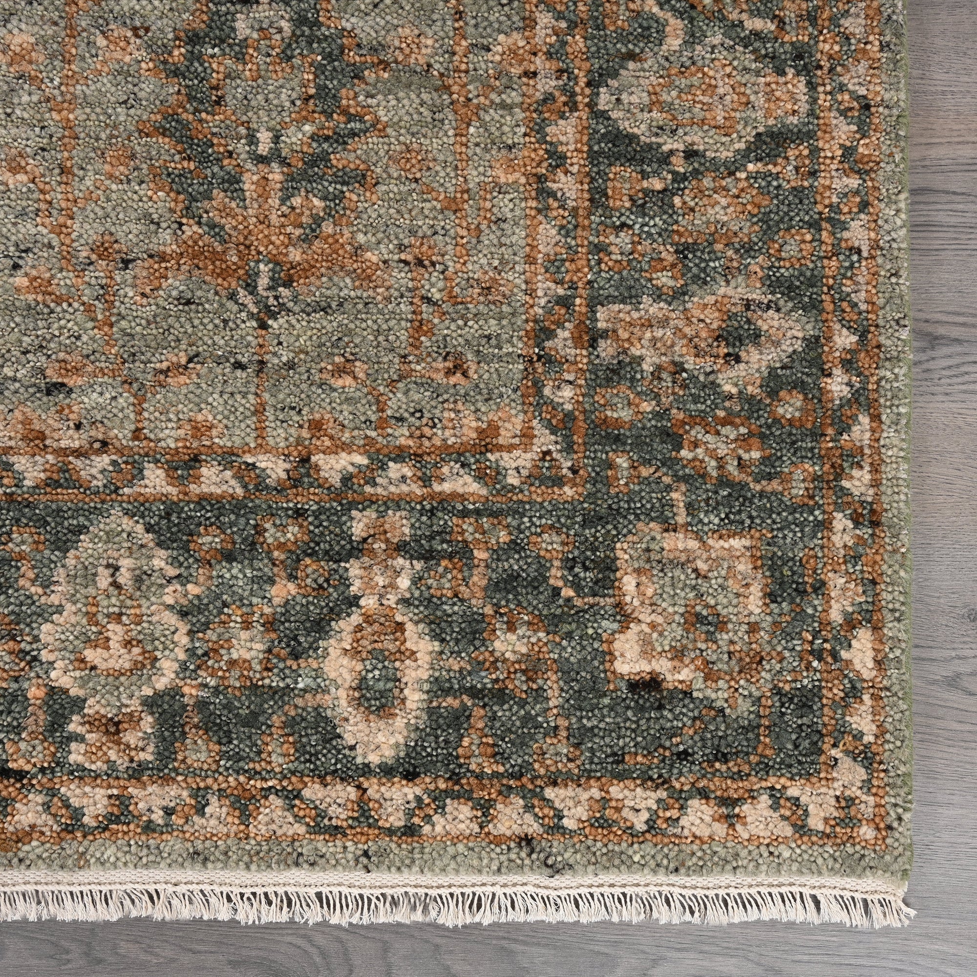 Hand-Knotted Wool Rug - Botanical Motif in Sage Green & Copper | Vintage-Style Artisan Rug by Rug Regalia