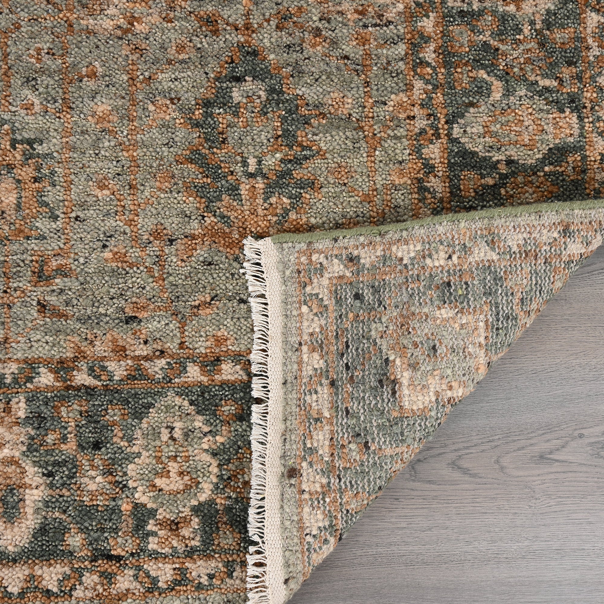Hand-Knotted Wool Rug - Botanical Motif in Sage Green & Copper | Vintage-Style Artisan Rug by Rug Regalia