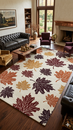 Autumn Leaves Hand Tufted Rug – Warm Fall Maple Leaf Design | Ivory Base Modern Nature-Inspired Area Rug