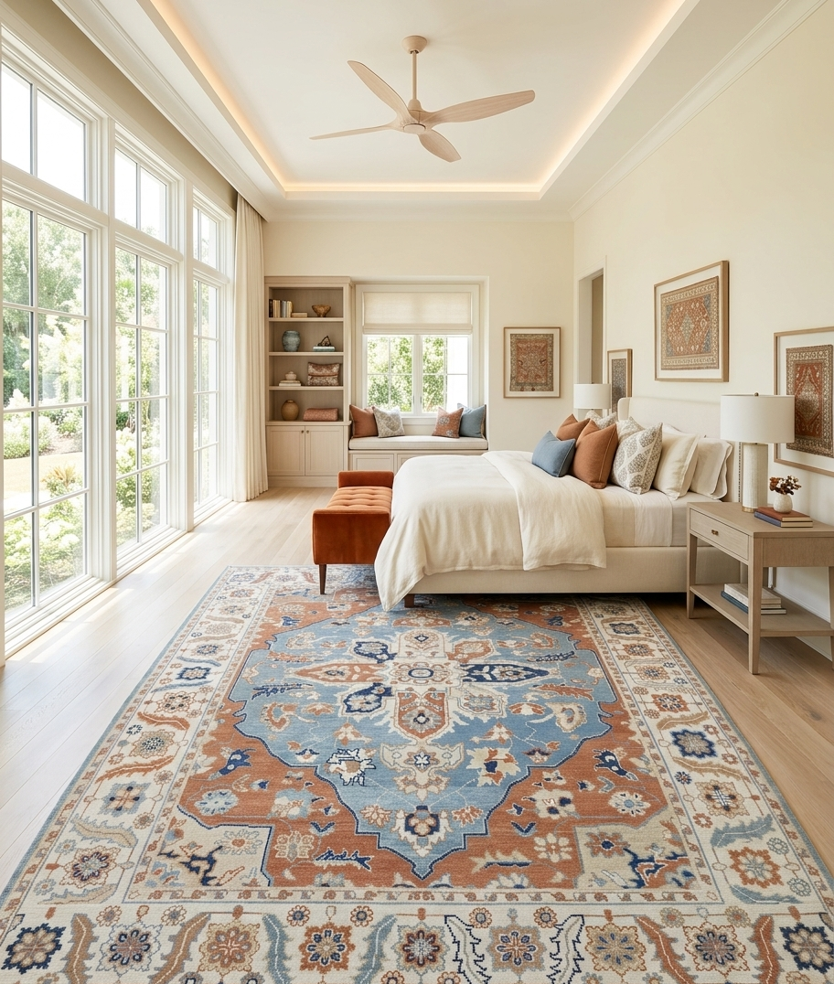 Hand Knotted Wool Oushak Rug, Red Blue Medallion Oriental Area Rug 8x10