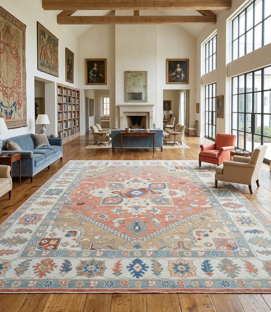 Hand Knotted Oushak Rug, Terracotta Coral & Beige Turkish Wool Rug, Vintage Medallion Oriental Carpet, Handmade Floral Area Rug, Custom Size