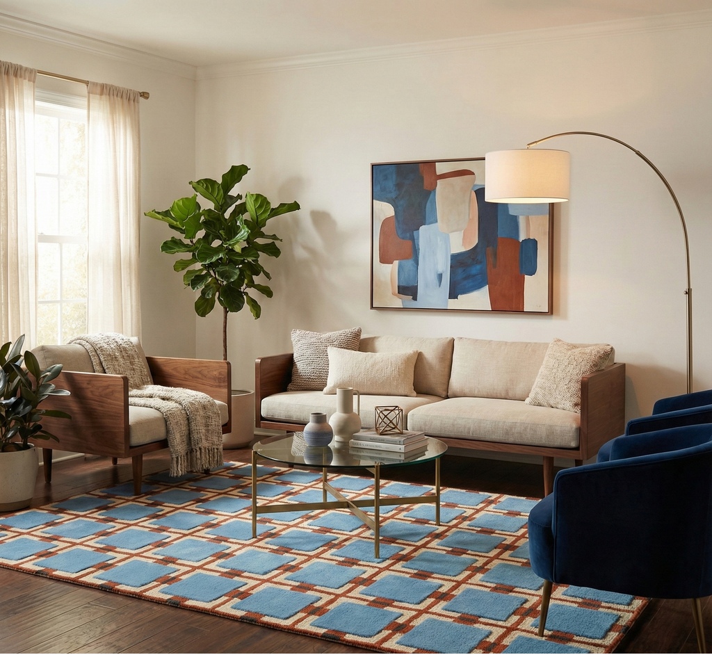 Modern Geometric Wool Rug - Blue Square Grid Design | Mid-Century Modern Area Rug by Rug Regalia