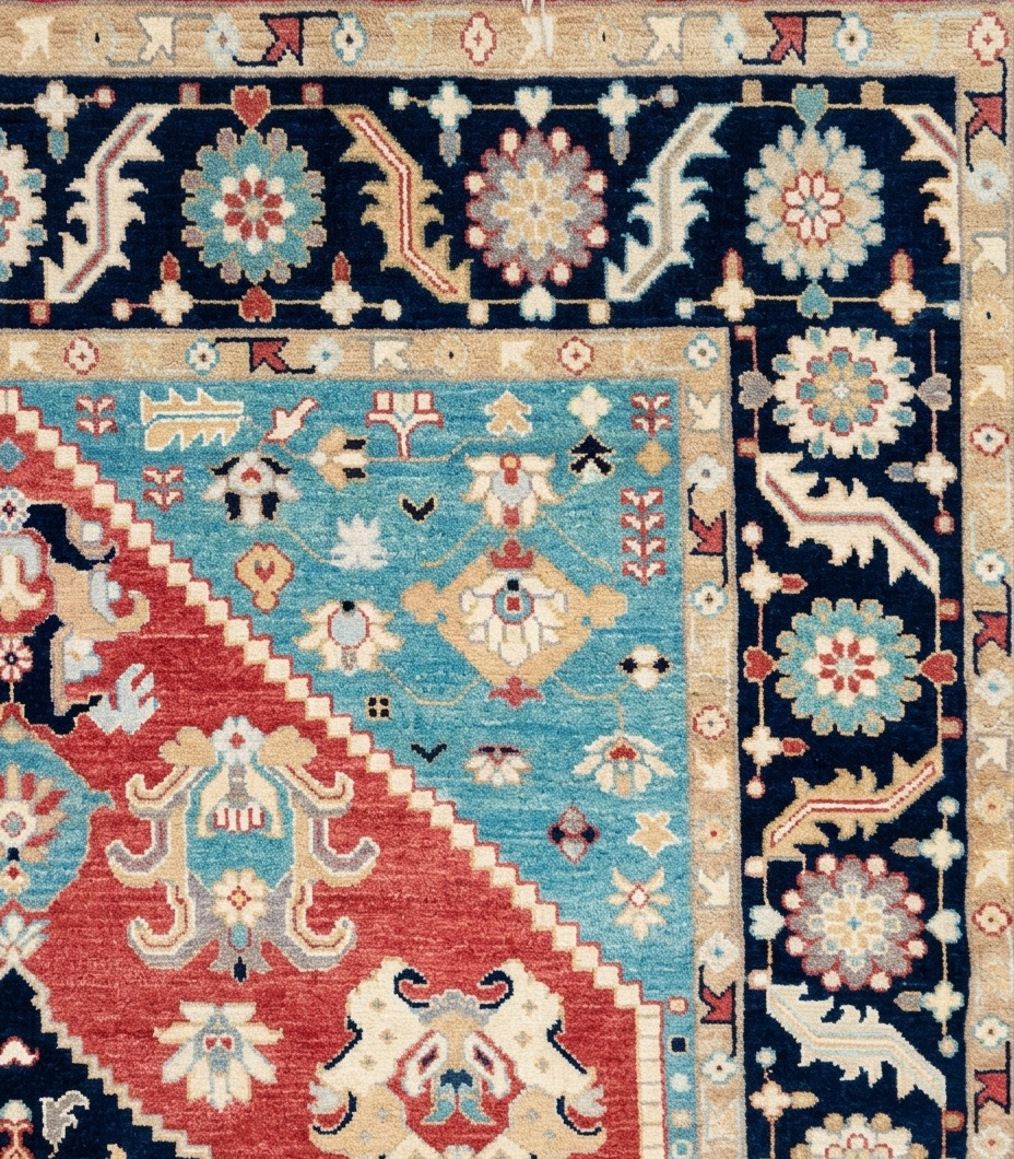 Hand Knotted Oushak Rug, Red Navy Blue Wool Oriental Carpet, Floral Medallion Area Rug