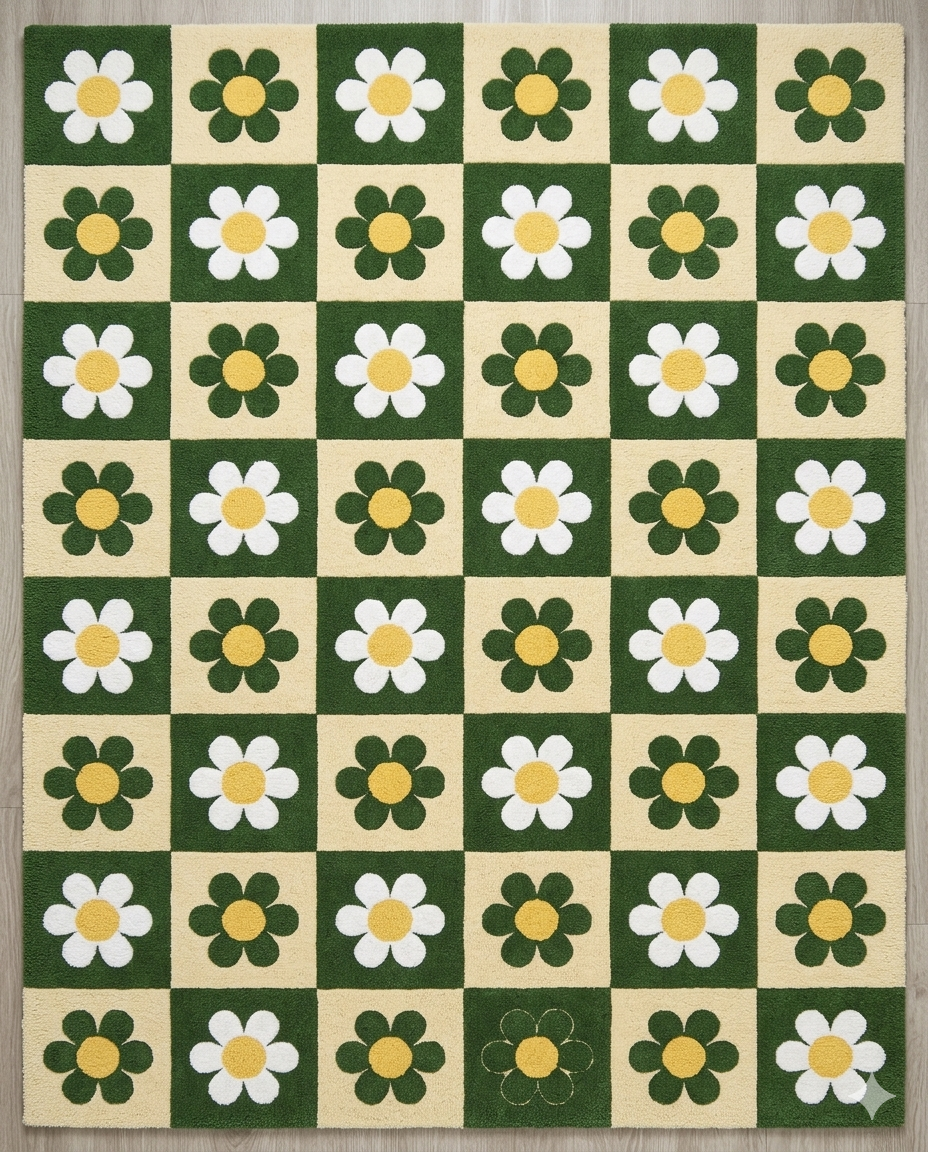 Retro Daisy Checkerboard Hand Tufted Rug – Green & Cream Floral Pattern | Modern Aesthetic Area Rug for Living Room Bedroom