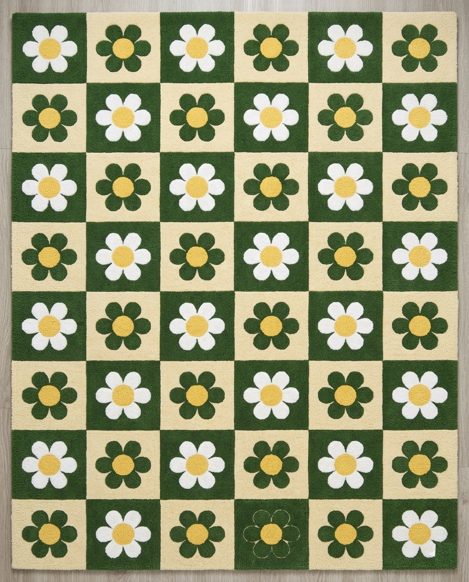 Retro Daisy Checkerboard Hand Tufted Rug – Green & Cream Floral Pattern | Modern Aesthetic Area Rug for Living Room Bedroom