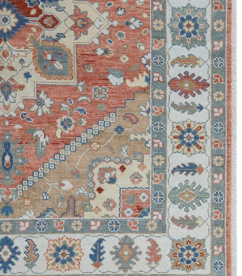 Hand Knotted Oushak Rug, Terracotta Coral & Beige Turkish Wool Rug, Vintage Medallion Oriental Carpet, Handmade Floral Area Rug, Custom Size