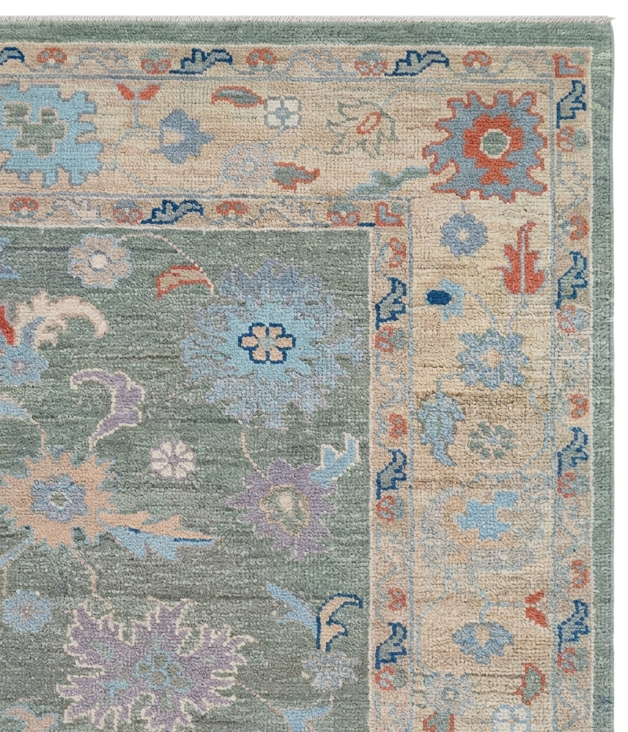 Hand Knotted Oushak Rug 9x12 Ft – Sage Green & Ivory Vintage Turkish Wool Carpet, Floral Medallion Area Rug for Living Room