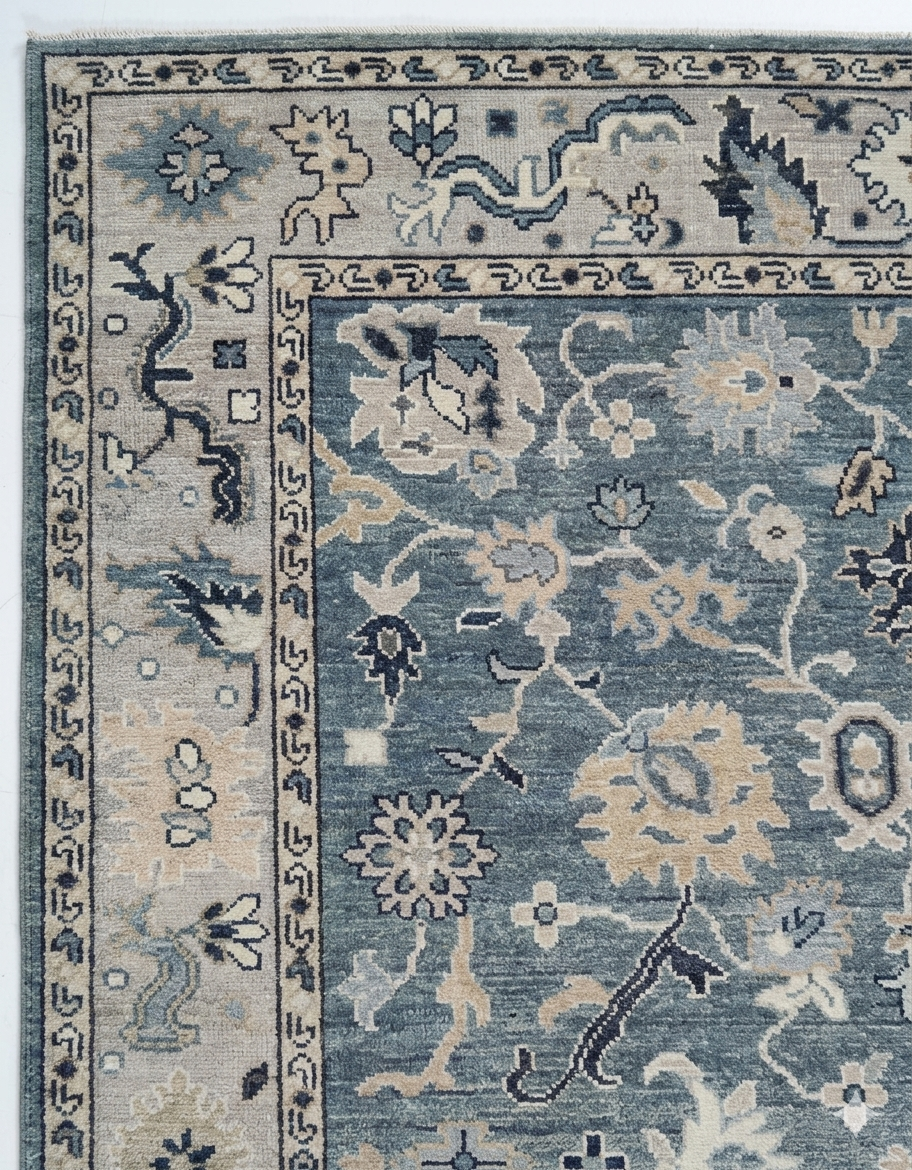 Hand Knotted Oushak Rug 8x10, Blue Grey Vintage Turkish Wool Rug, Ivory Border Floral Carpet, Handmade Living Room Rug Custom