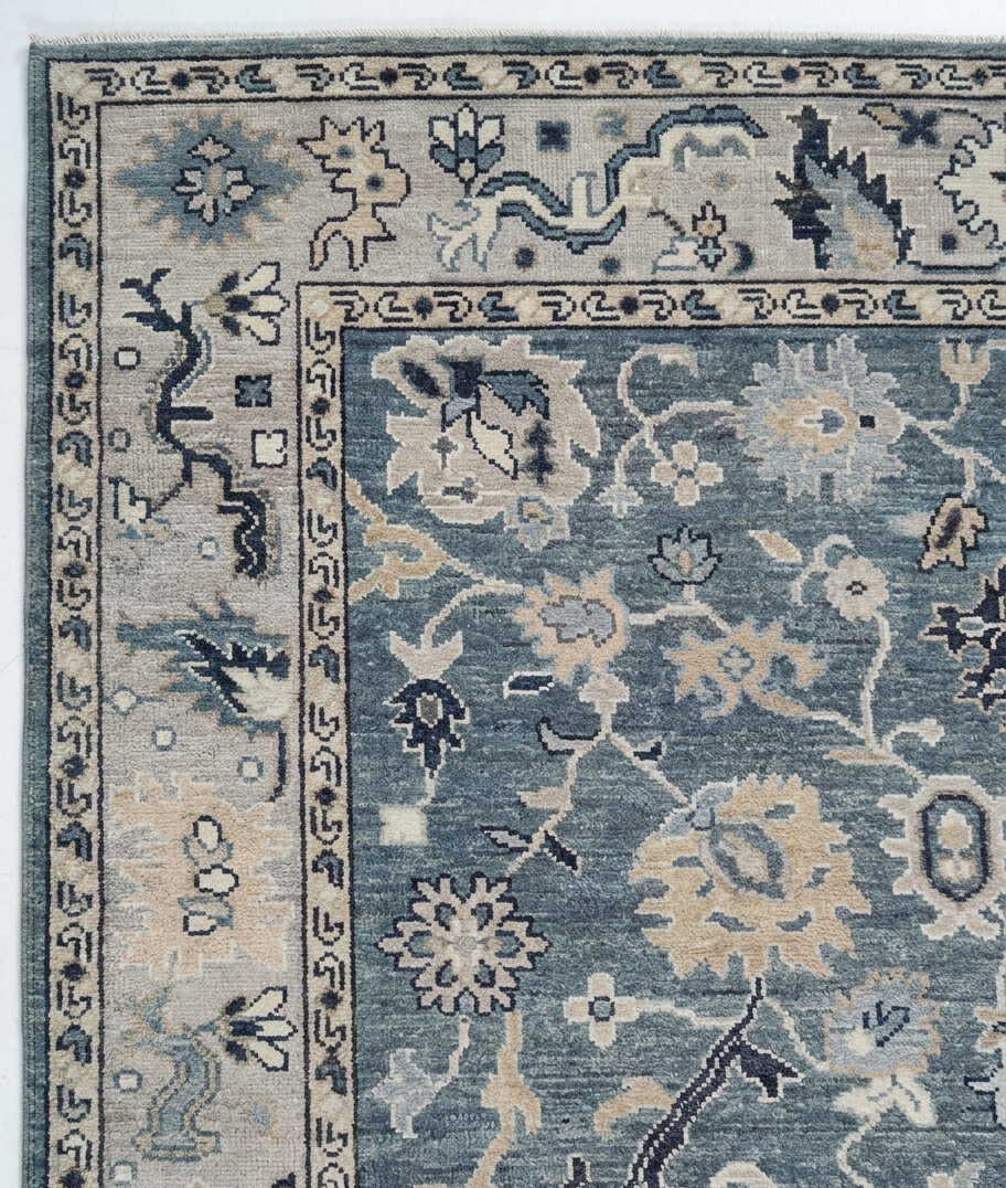 Hand Knotted Oushak Rug 8x10, Blue Grey Vintage Turkish Wool Rug, Ivory Border Floral Carpet, Handmade Living Room Rug Custom