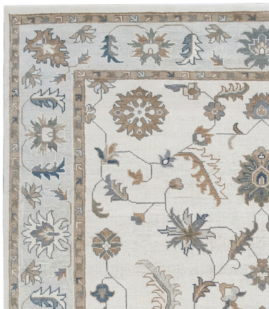 Hand Knotted Oushak Rug, Ivory Beige Turkish Wool Rug, Vintage Floral Oriental Carpet, Neutral Handmade Area Rug, Custom Size Rug Regalia