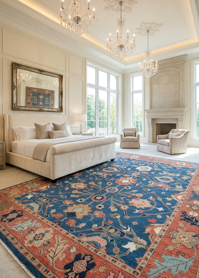 Hand Knotted Wool Rug, Blue Rust Traditional Floral Carpet, Vintage Style Living Room 8x10