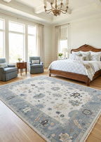 Hand Knotted Oushak Rug – Ivory & Soft Blue Turkish Wool Carpet, Vintage Geometric Medallion Handmade Area Rug for Living Room Bedroom