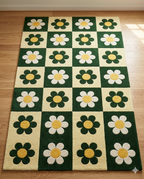 Retro Daisy Checkerboard Hand Tufted Rug – Green & Cream Floral Pattern | Modern Aesthetic Area Rug for Living Room Bedroom