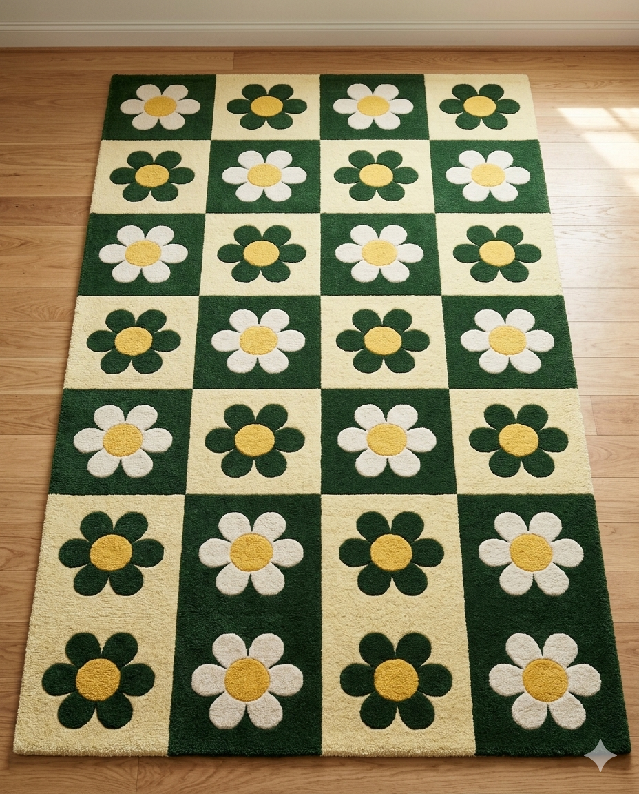 Retro Daisy Checkerboard Hand Tufted Rug – Green & Cream Floral Pattern | Modern Aesthetic Area Rug for Living Room Bedroom