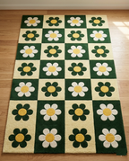 Retro Daisy Checkerboard Hand Tufted Rug – Green & Cream Floral Pattern | Modern Aesthetic Area Rug for Living Room Bedroom