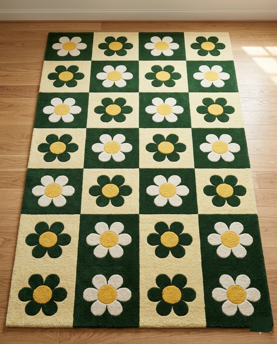 Retro Daisy Checkerboard Hand Tufted Rug – Green & Cream Floral Pattern | Modern Aesthetic Area Rug for Living Room Bedroom