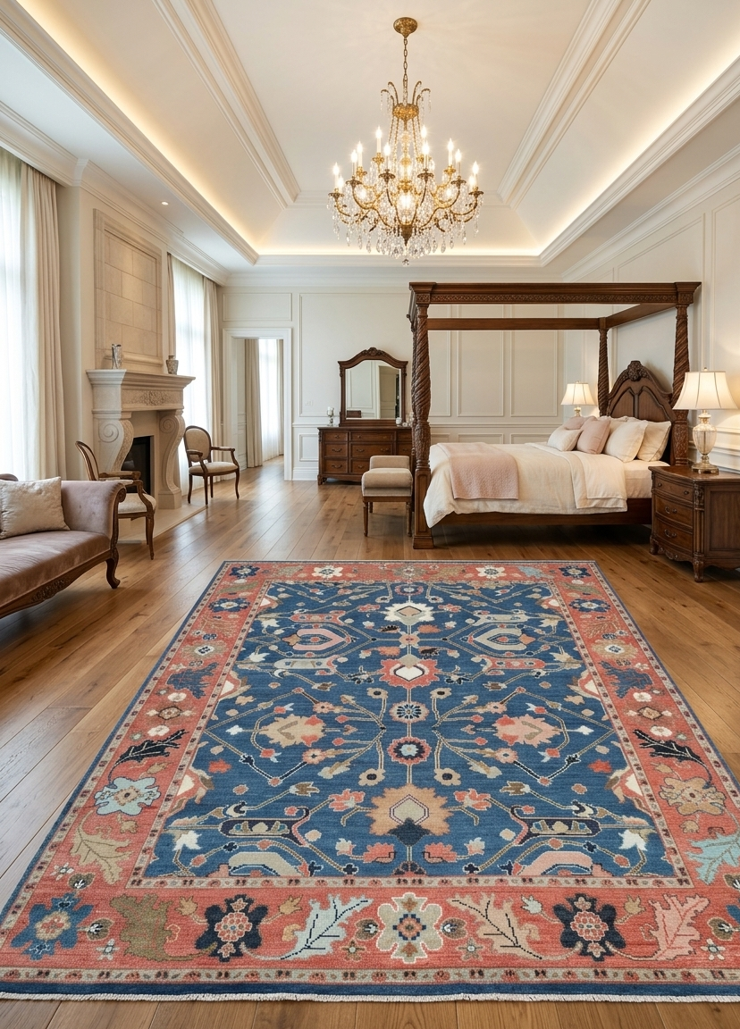 Hand Knotted Wool Rug, Blue Rust Traditional Floral Carpet, Vintage Style Living Room 8x10