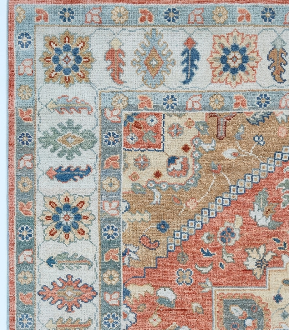 Hand Knotted Oushak Rug, Terracotta Coral & Beige Turkish Wool Rug, Vintage Medallion Oriental Carpet, Handmade Floral Area Rug, Custom Size