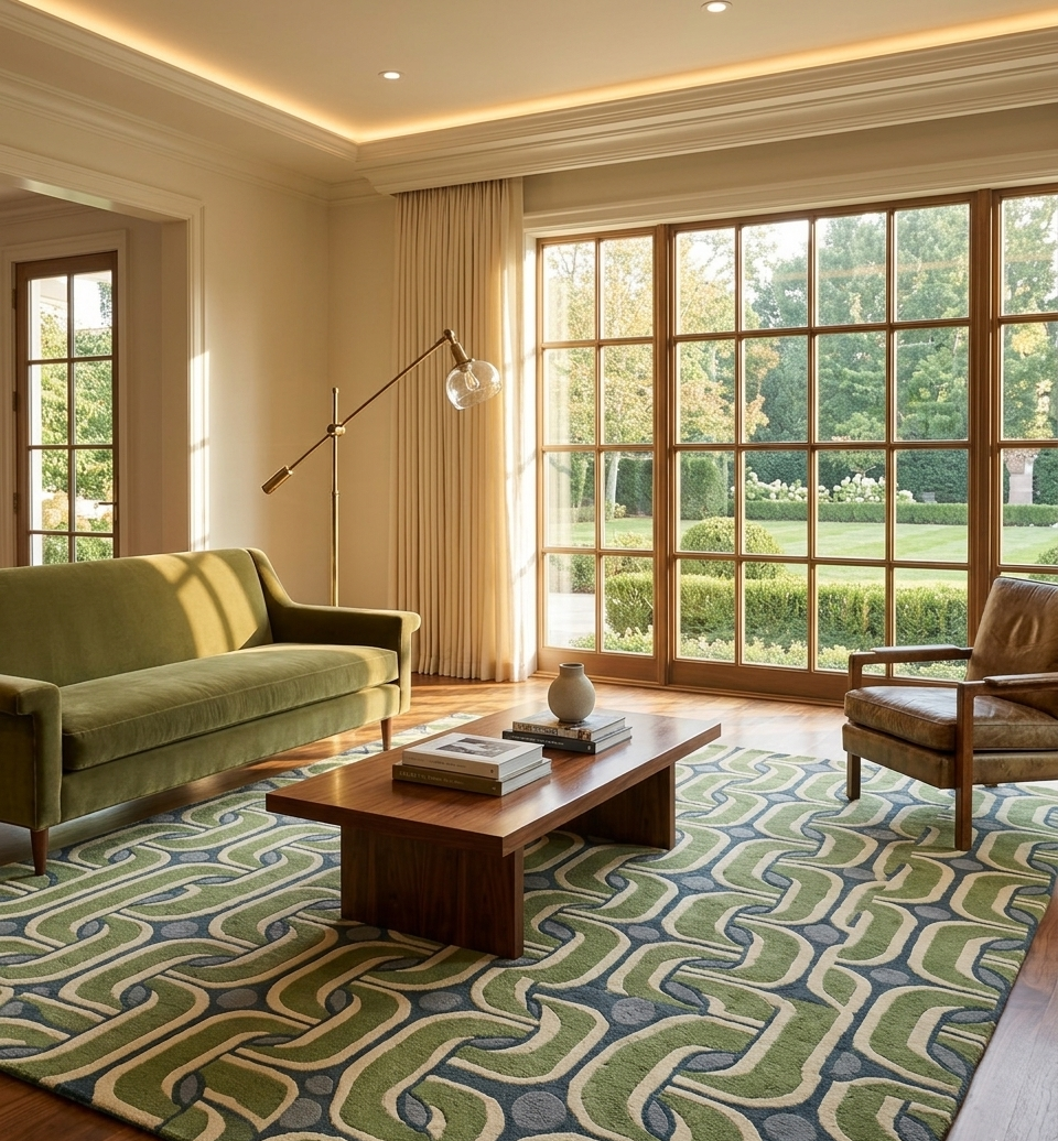 Loomora Wool Hand Tufted Rug Retro Geometric Wave Pattern Modern Design 9x12 Green Blue Ivory