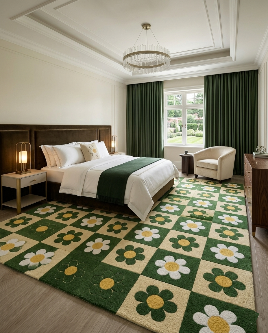 Retro Daisy Checkerboard Hand Tufted Rug – Green & Cream Floral Pattern | Modern Aesthetic Area Rug for Living Room Bedroom
