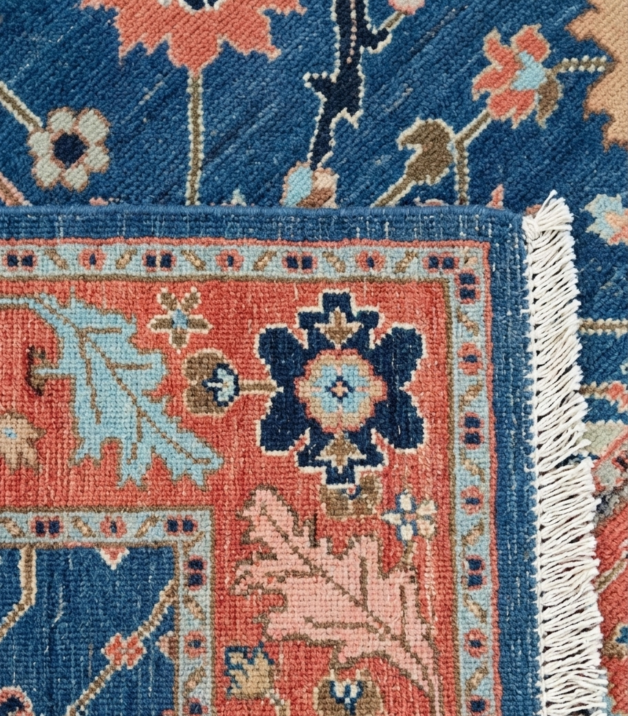 Hand Knotted Wool Rug, Blue Rust Traditional Floral Carpet, Vintage Style Living Room 8x10
