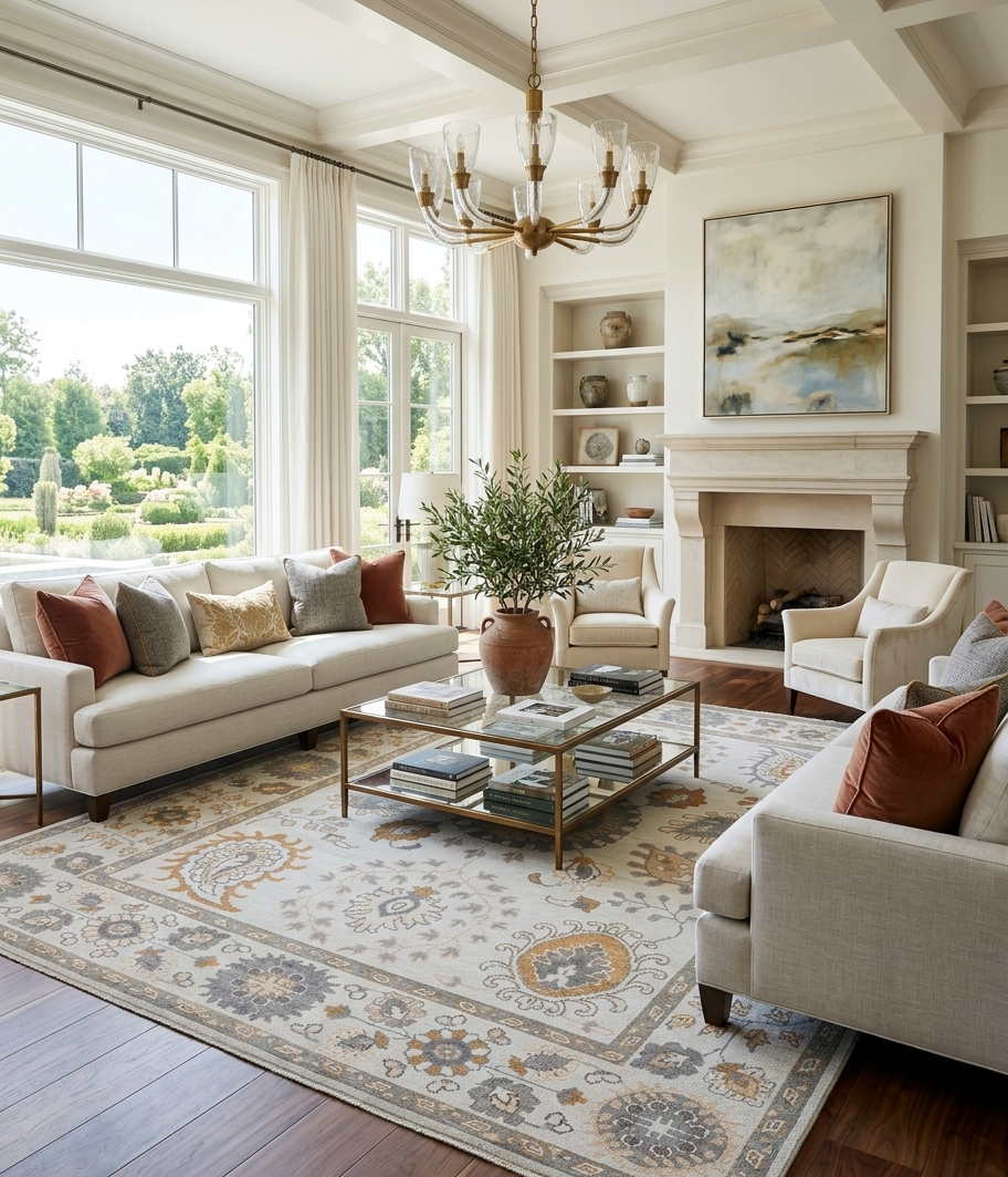 Ivory Oushak Rug 8x10 Hand Knotted Wool Turkish Rug, Vintage Floral Neutral Area Rug, Beige Living Room Rug, Custom Size