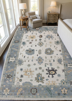 Hand Knotted Oushak Rug – Ivory & Soft Blue Turkish Wool Carpet, Vintage Geometric Medallion Handmade Area Rug for Living Room Bedroom