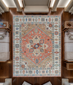 Hand Knotted Oushak Rug, Terracotta Coral & Beige Turkish Wool Rug, Vintage Medallion Oriental Carpet, Handmade Floral Area Rug, Custom Size