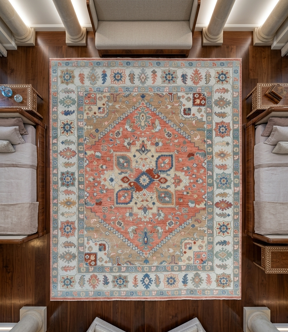 Hand Knotted Oushak Rug, Terracotta Coral & Beige Turkish Wool Rug, Vintage Medallion Oriental Carpet, Handmade Floral Area Rug, Custom Size