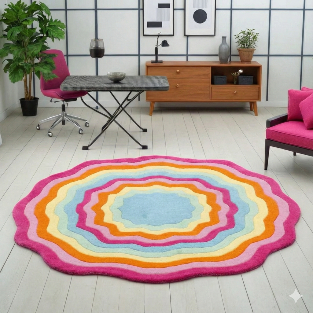 Sunburst Bloom Hand-Tufted Wool Rug – Multicolor Wave Design