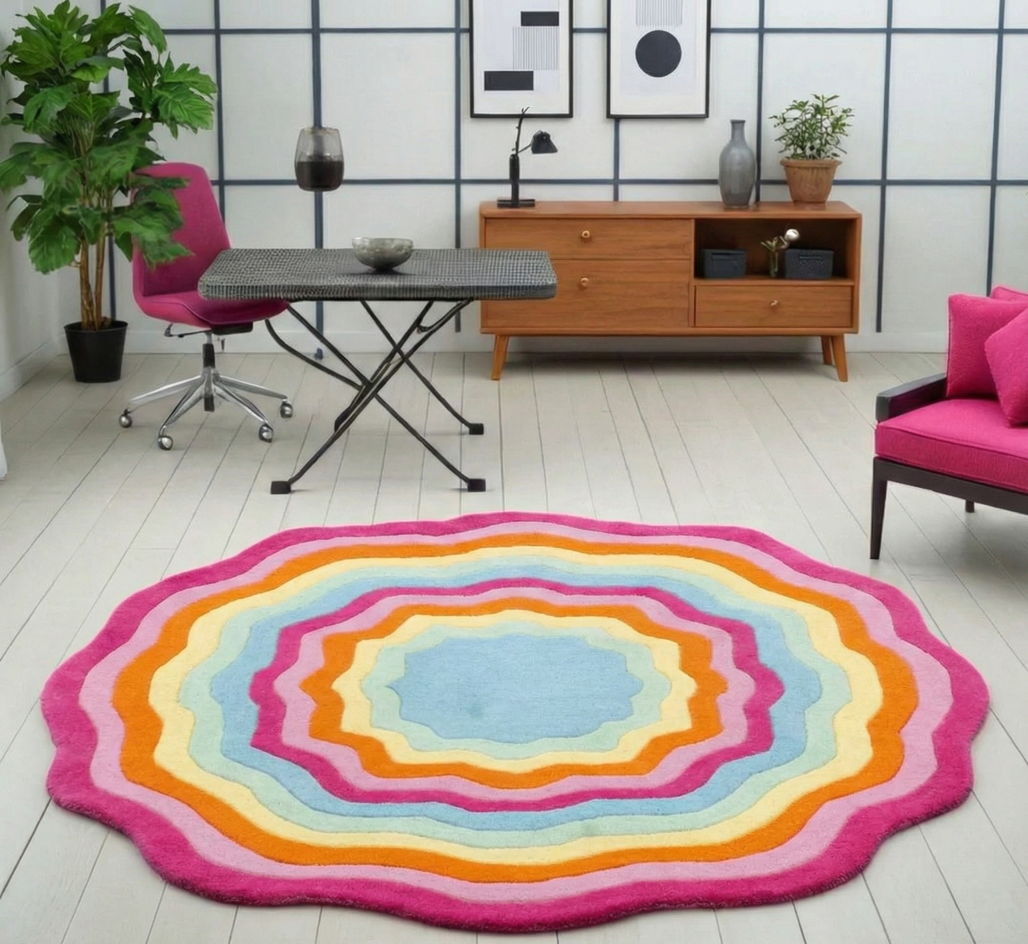Sunburst Bloom Hand-Tufted Wool Rug – Multicolor Wave Design