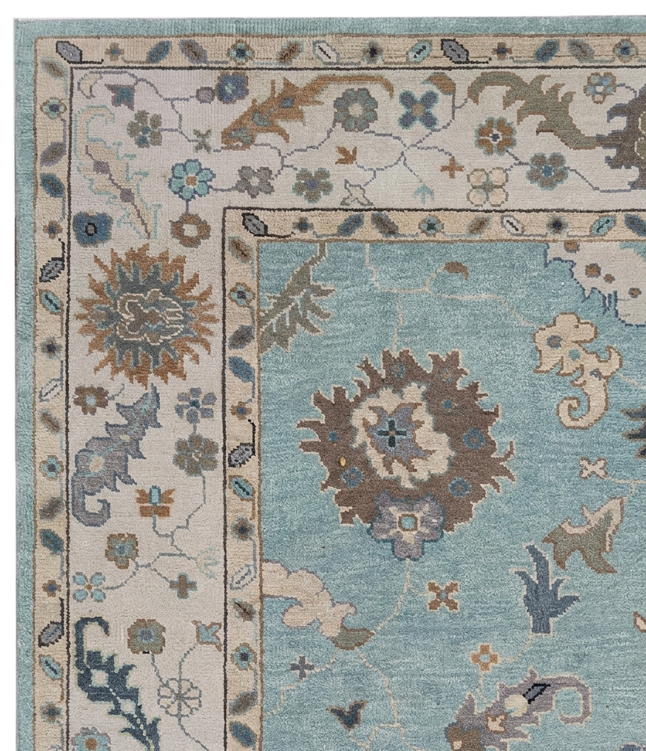 Hand Knotted Oushak Rug 8x10, Light Blue Vintage Turkish Wool Rug, Ivory Border Floral Carpet, Handmade Luxury Area Rug Custom